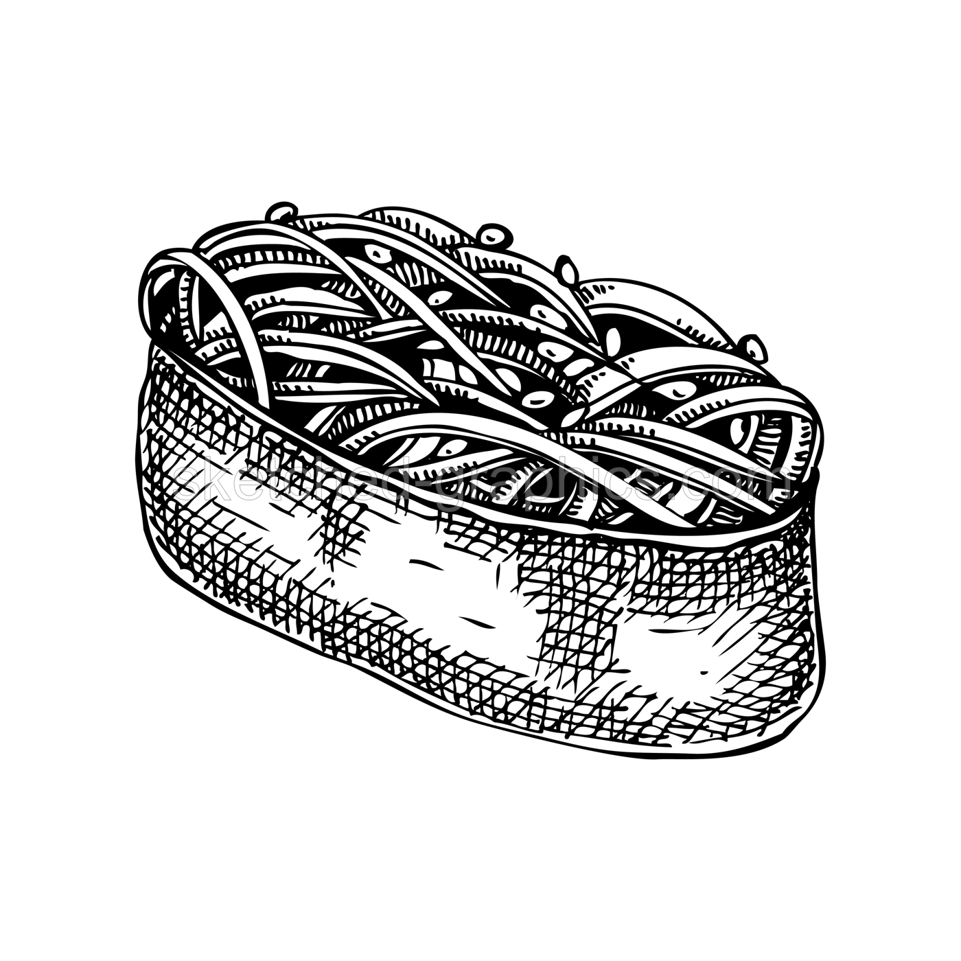 Japanese Seaweed Salad Inari vector illustration. Hand drawn tofu meal with wakame salad sketch for Japanese cuisine restaurant menu or healthy food design. Edible algae dish - Inari sushi.  Illustration